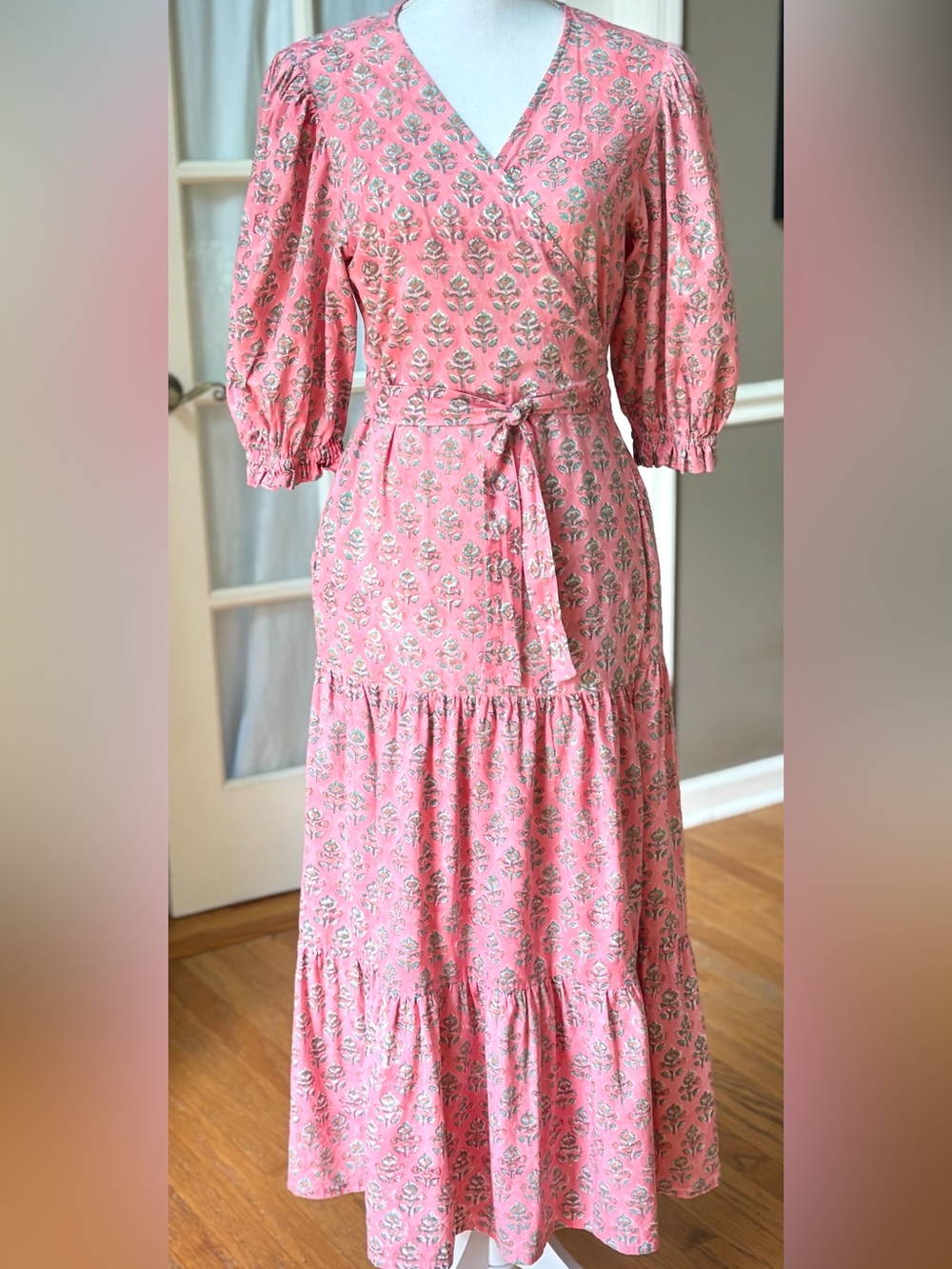 Indian Pink Block Print Cotton Midi Dress | Size Medium